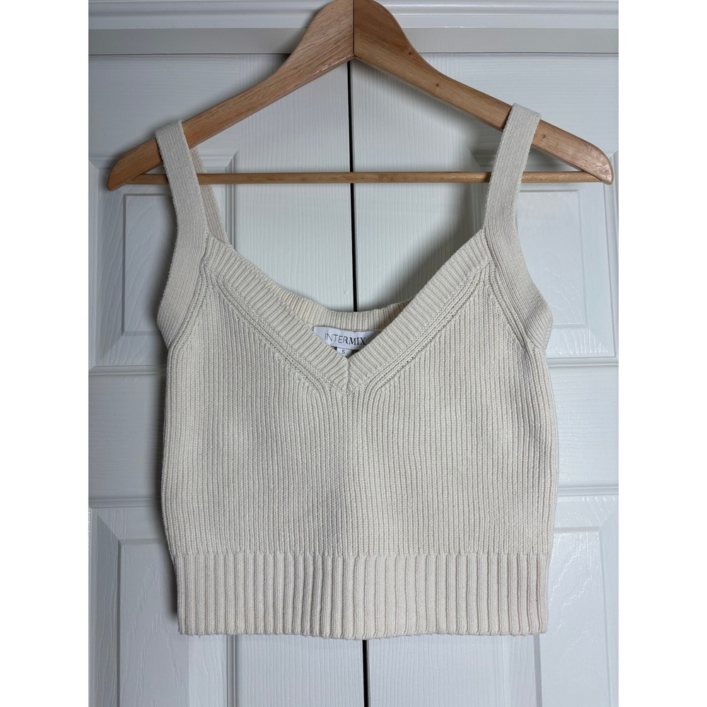 Intermix Ivory Ribbed Knit Cotton Silk Blend V-Neck Crop Tank Top Small